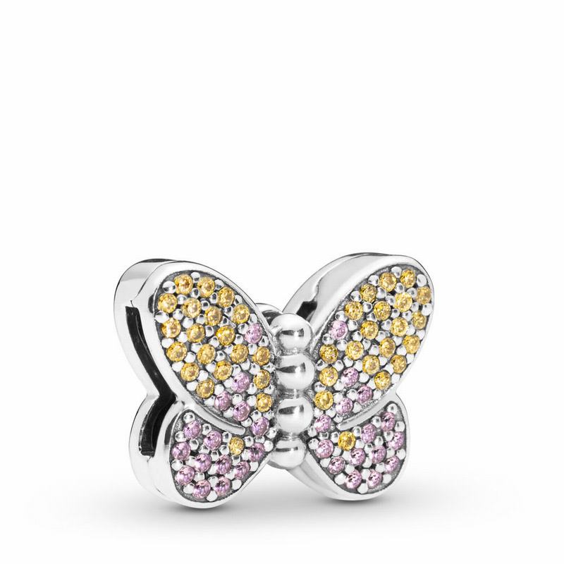 Pandora Reflexions™ Bedazzling Butterfly Clip Charm - Sterling Silver/Silicone/Pink/Mixed Stones - C